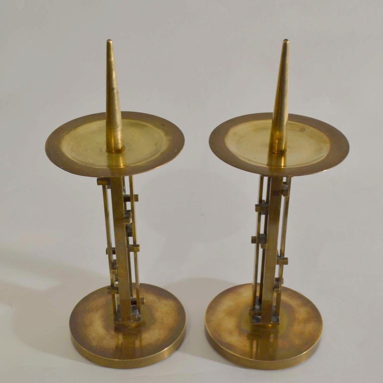 Pair of Sculptural Geometric Brass Candle Holders by An Diessen, 1960s