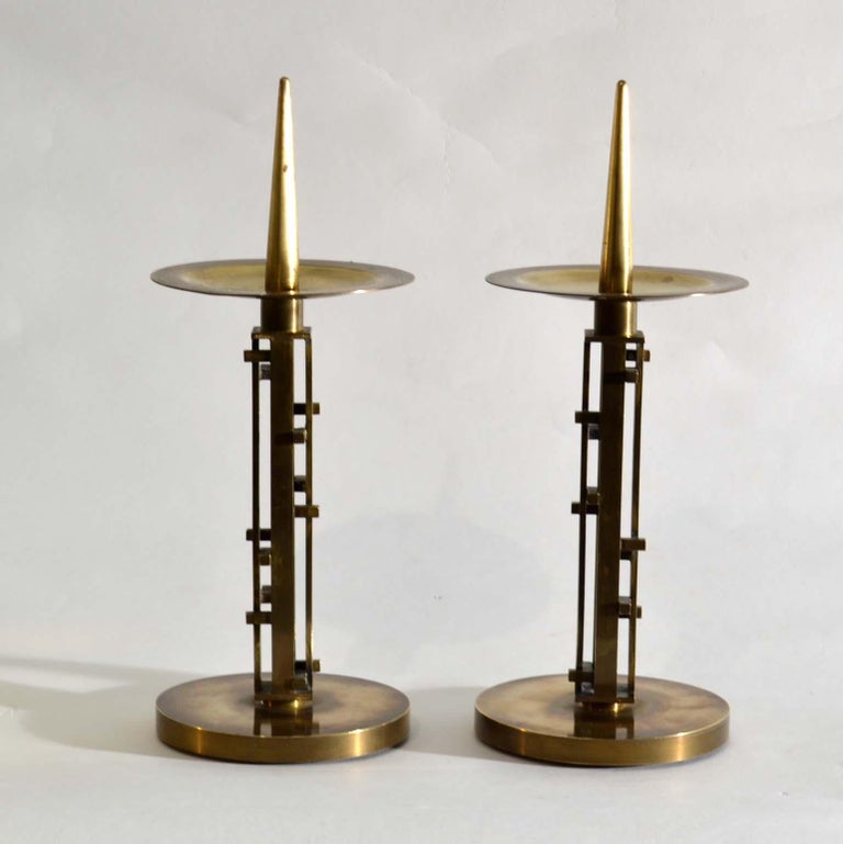 Pair of Sculptural Geometric Brass Candle Holders by An Diessen, 1960s