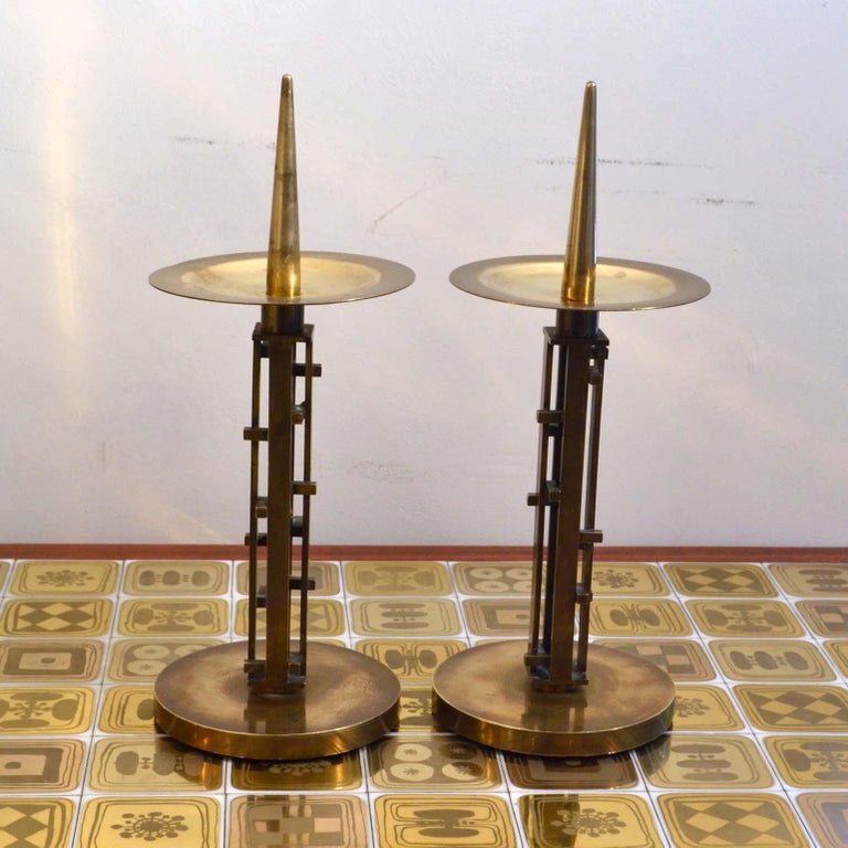 Pair of Sculptural Geometric Brass Candle Holders by An Diessen, 1960s