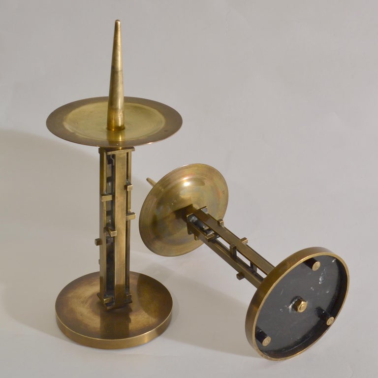 Pair of Sculptural Geometric Brass Candle Holders by An Diessen, 1960s