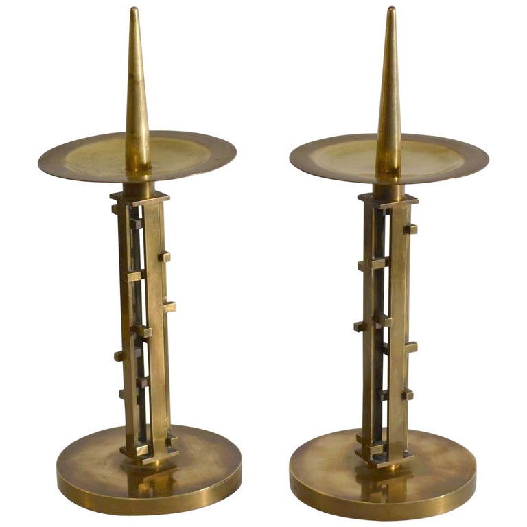 Pair of Sculptural Geometric Brass Candle Holders by An Diessen, 1960s
