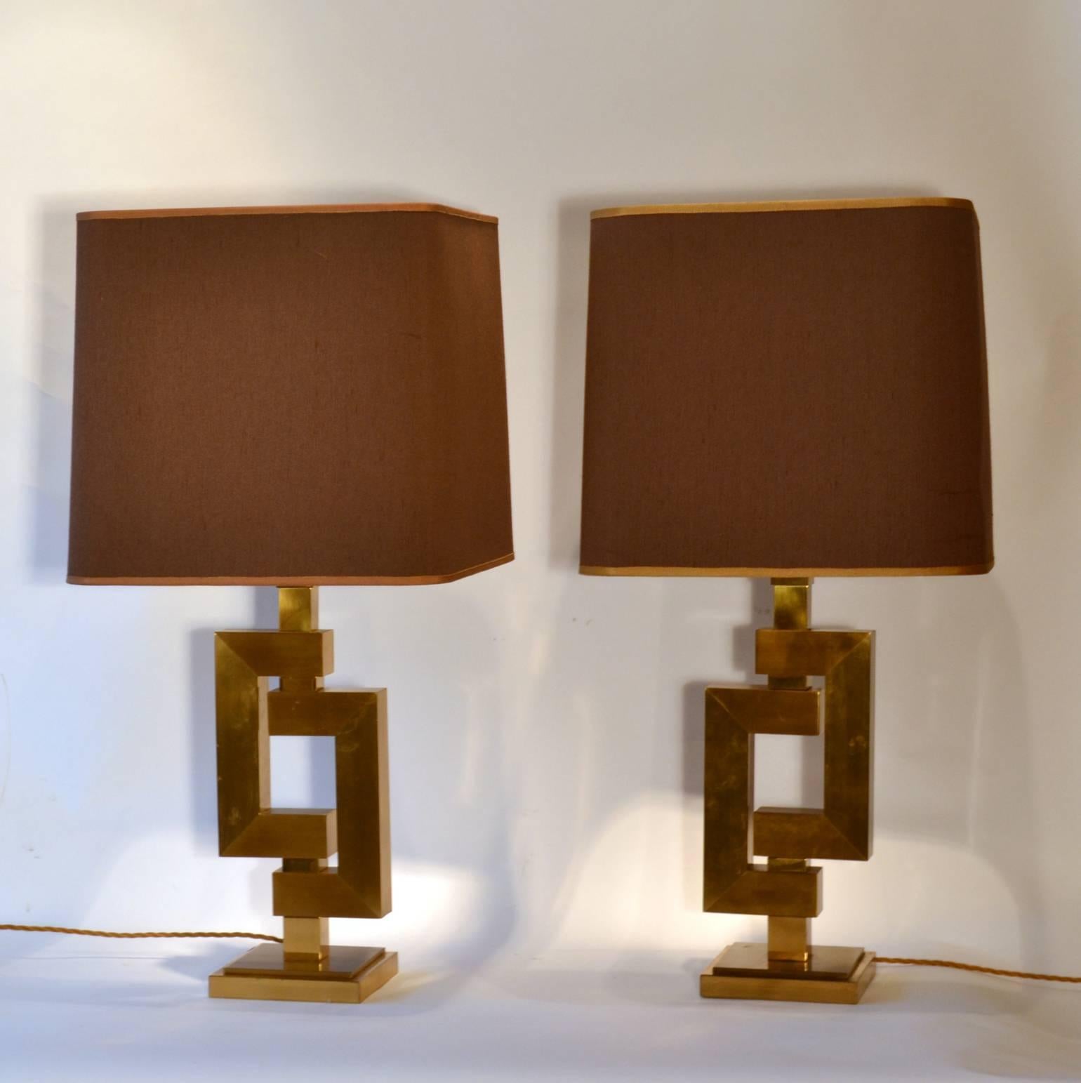 Mid-Century Modern Pair of Sculptural Geometric Brass Table Lamps by Willy Rizzo for Romeo Rega