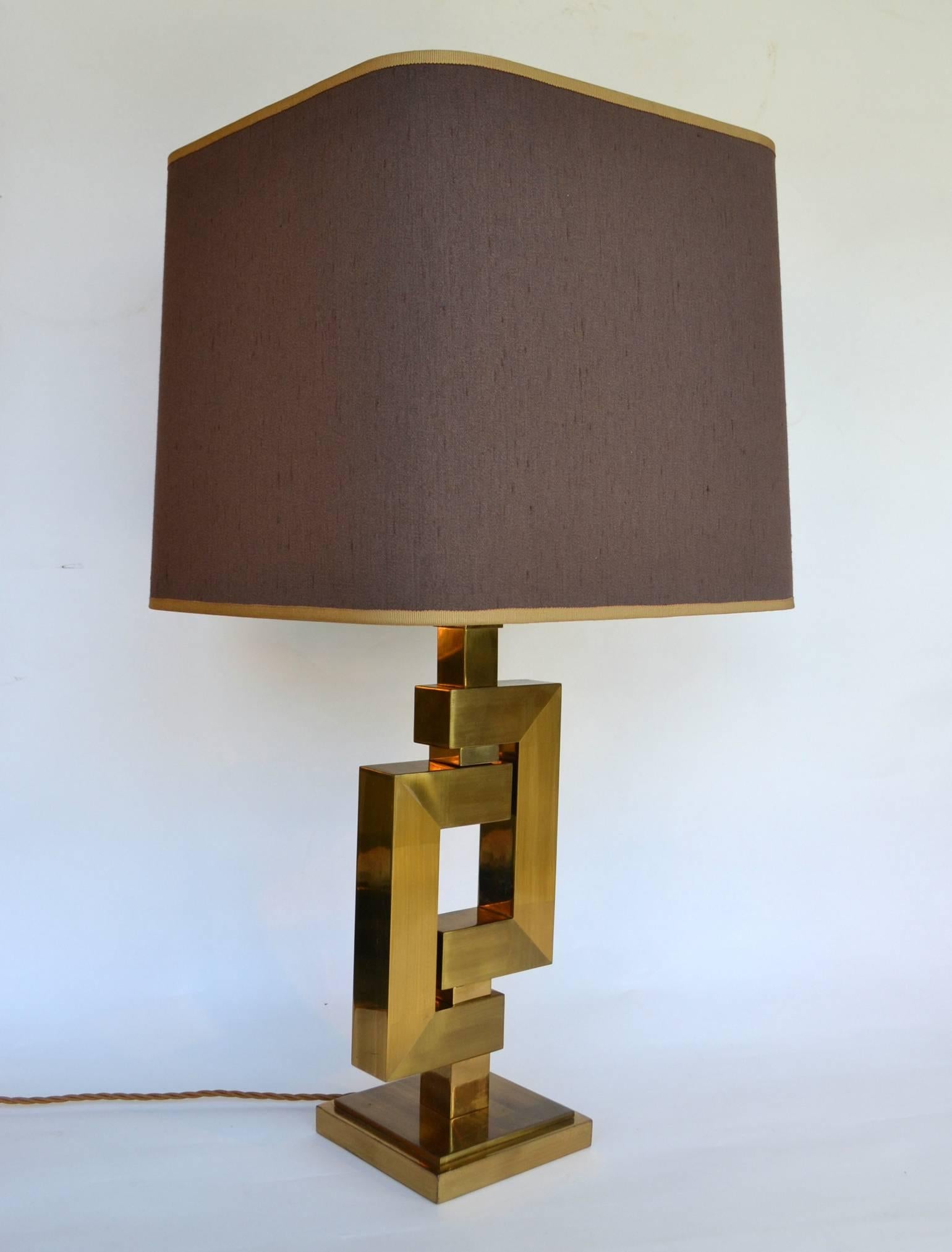 Pair of Sculptural Geometric Brass Table Lamps by Willy Rizzo for Romeo Rega 1