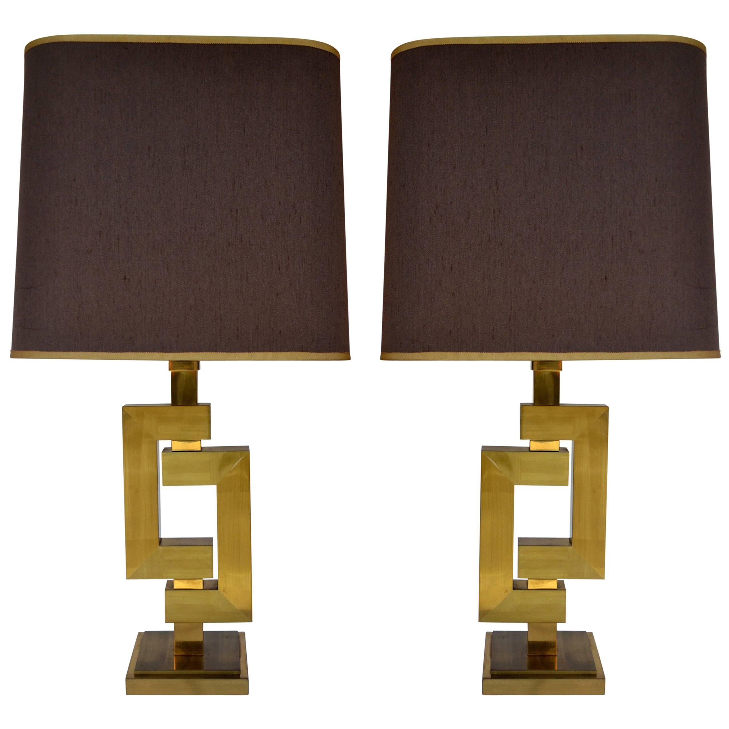 Pair of Sculptural Geometric Brass Table Lamps by Willy Rizzo for Romeo Rega