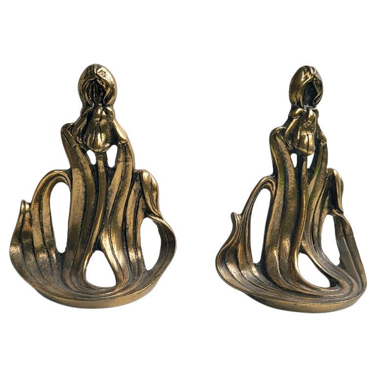 Paar skulpturale deutsche Jugendstil-Buchstützen aus Messing und Bronze im Jugendstil, 1900