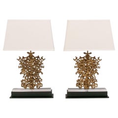 Pair of Sculptural Gilt Metal Lamps on Lucite and Black Lacquer Bases