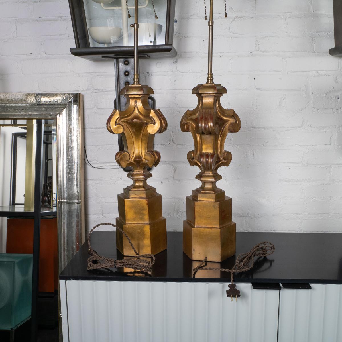 Pair of sculptural giltwood table lamps In Good Condition For Sale In Tarrytown, NY