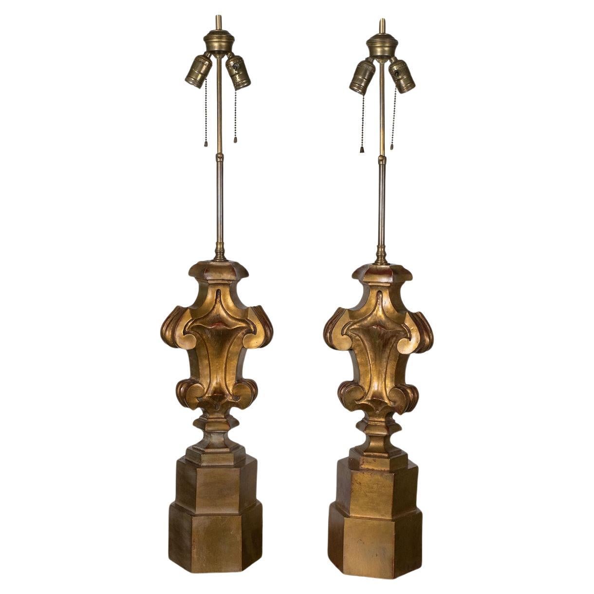 Pair of sculptural giltwood table lamps For Sale