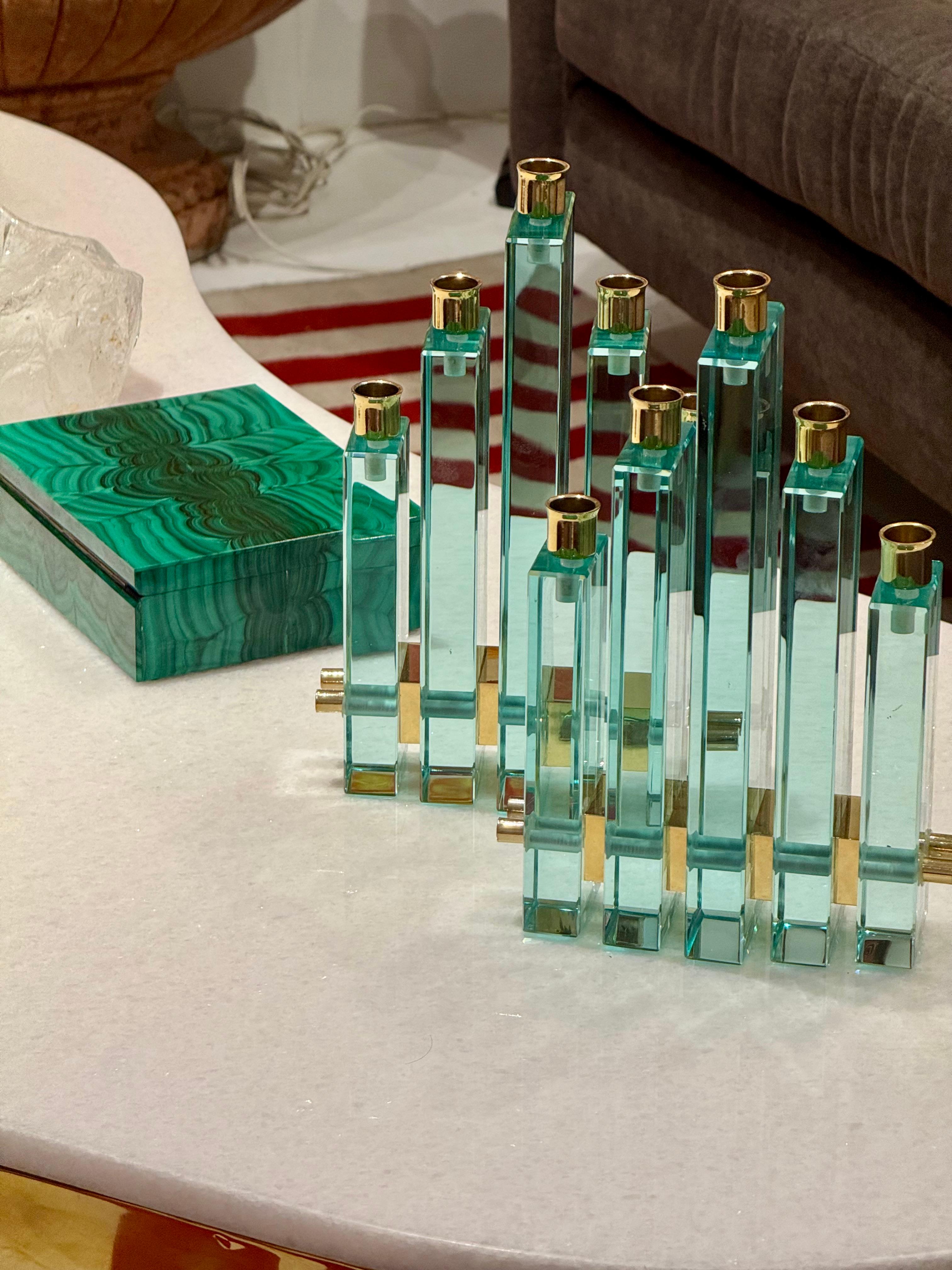 Pair of Sculptural Glass and Brass Candleholders by Fontana Arte, Italy, 1970s For Sale 3