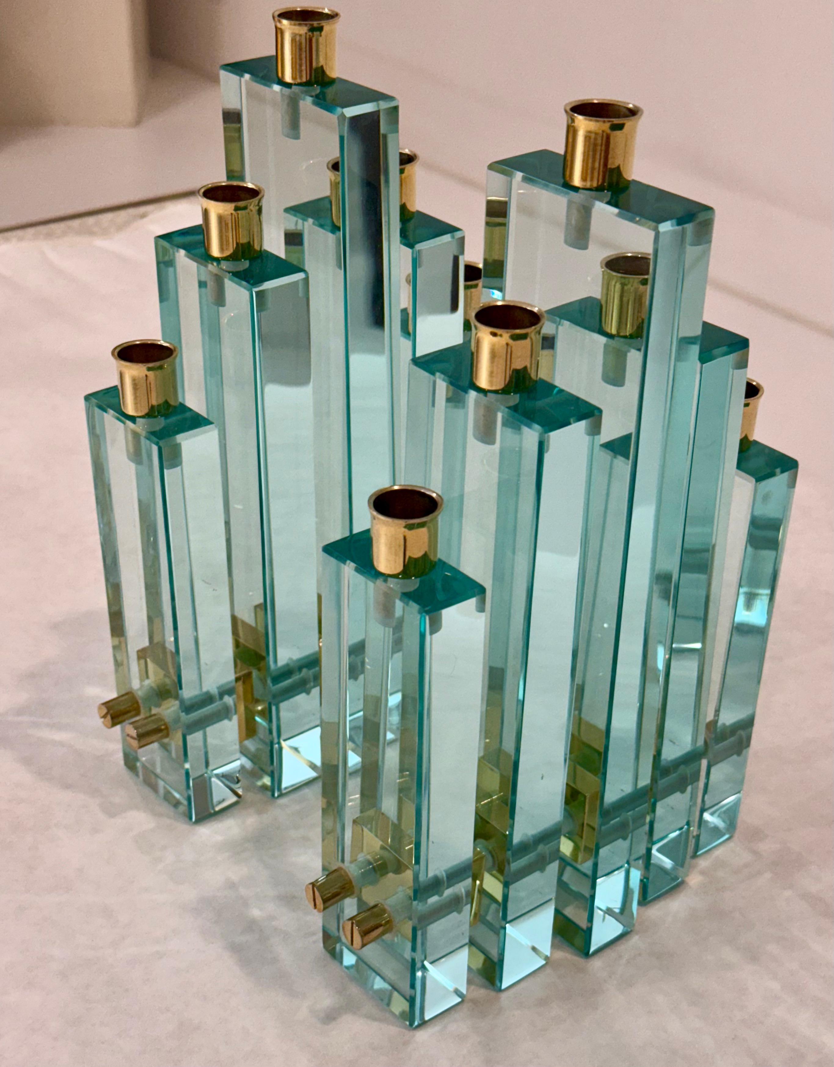 Italian Pair of Sculptural Glass and Brass Candleholders by Fontana Arte, Italy, 1970s For Sale
