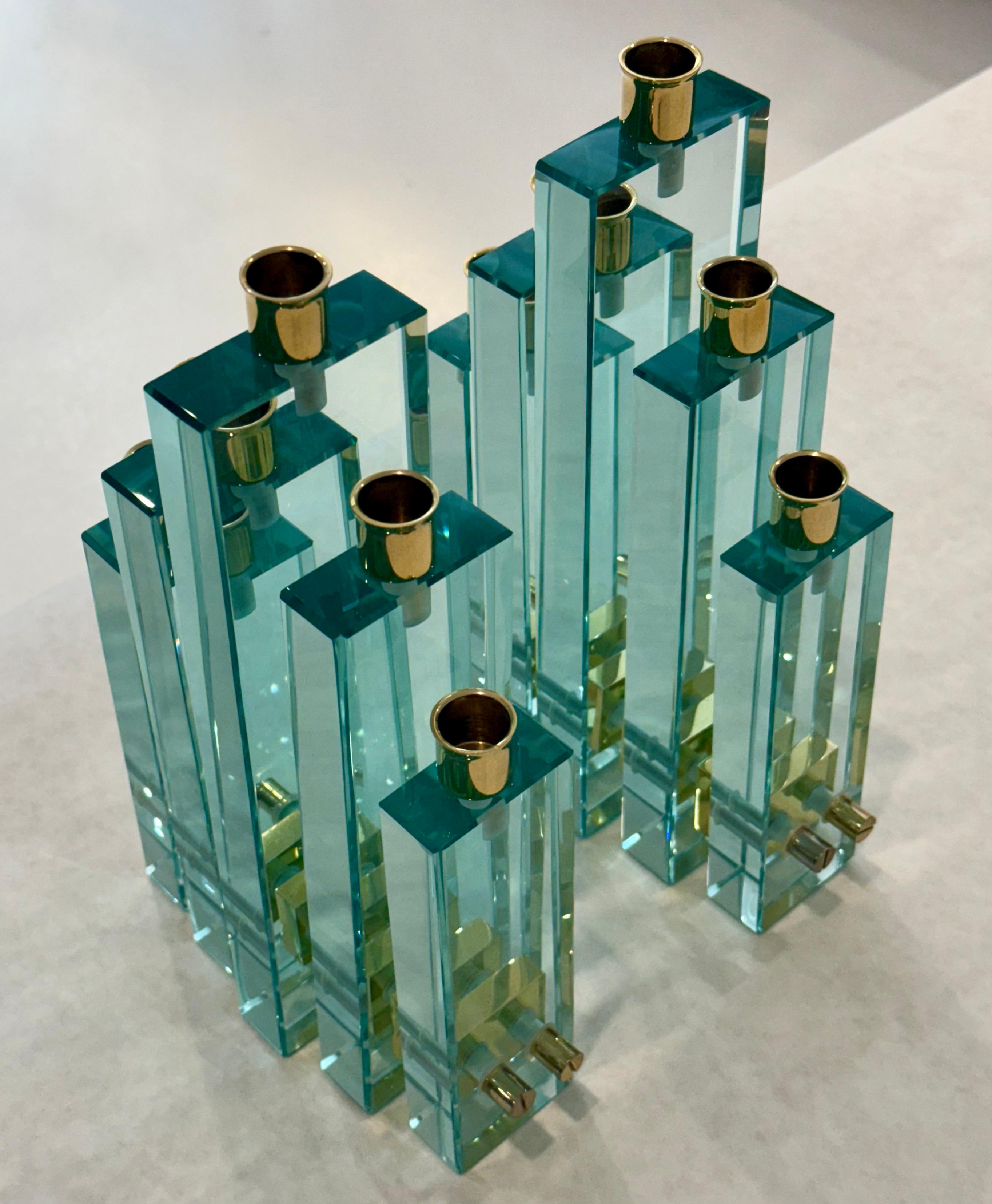 Plated Pair of Sculptural Glass and Brass Candleholders by Fontana Arte, Italy, 1970s For Sale