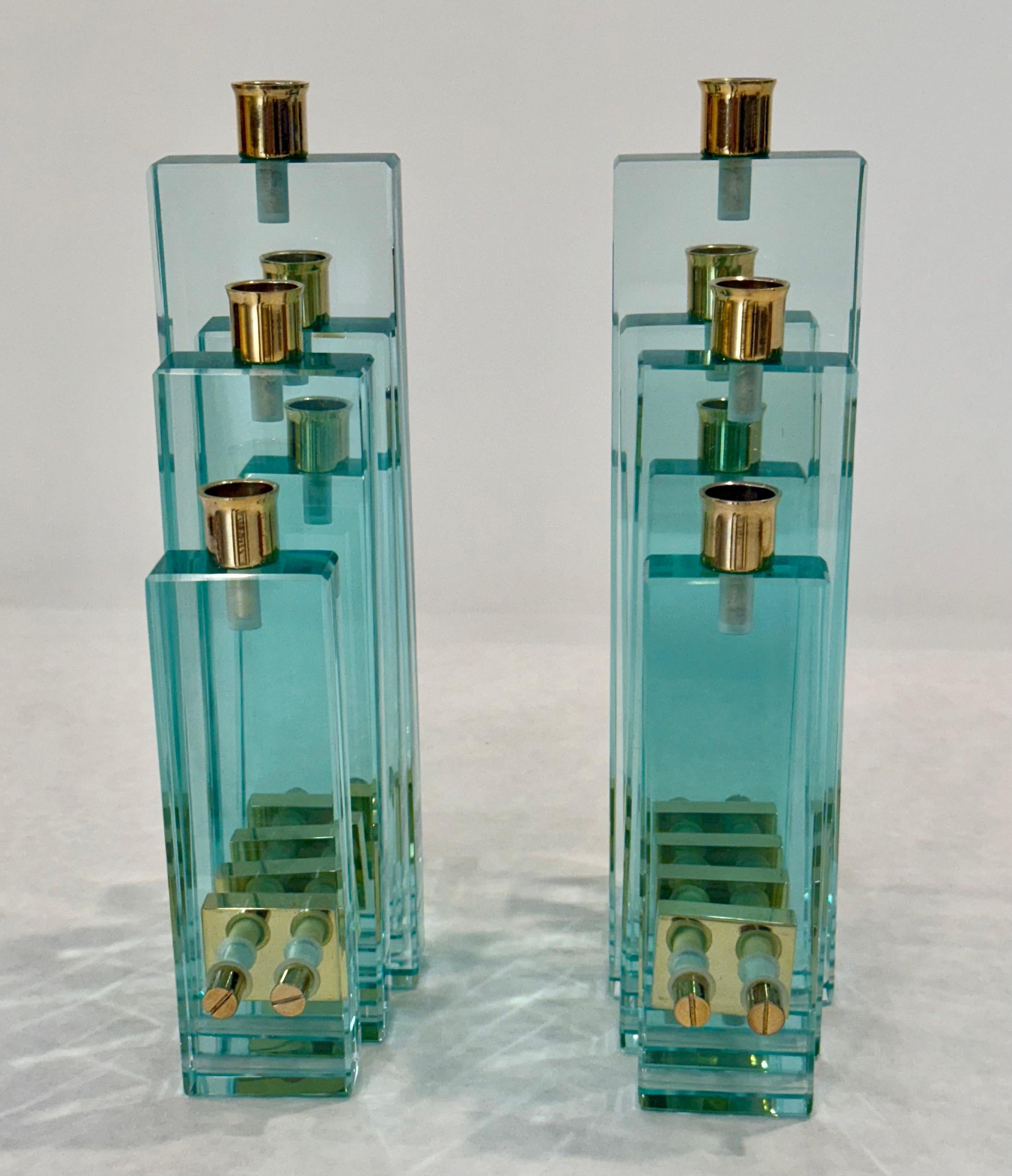 Pair of Sculptural Glass and Brass Candleholders by Fontana Arte, Italy, 1970s In Good Condition For Sale In Palm Desert, CA
