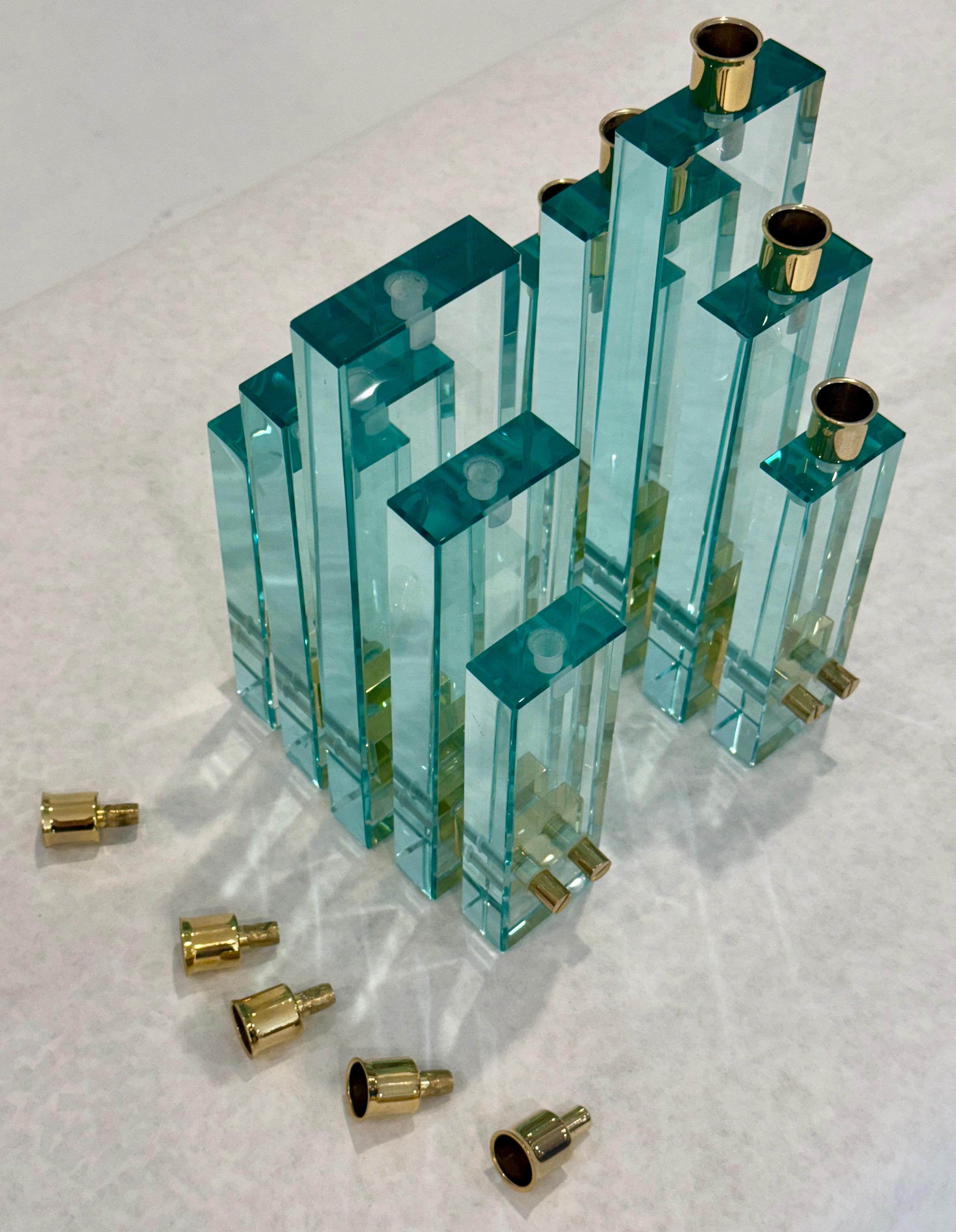 Gold Plate Pair of Sculptural Glass and Brass Candleholders by Fontana Arte, Italy, 1970s For Sale