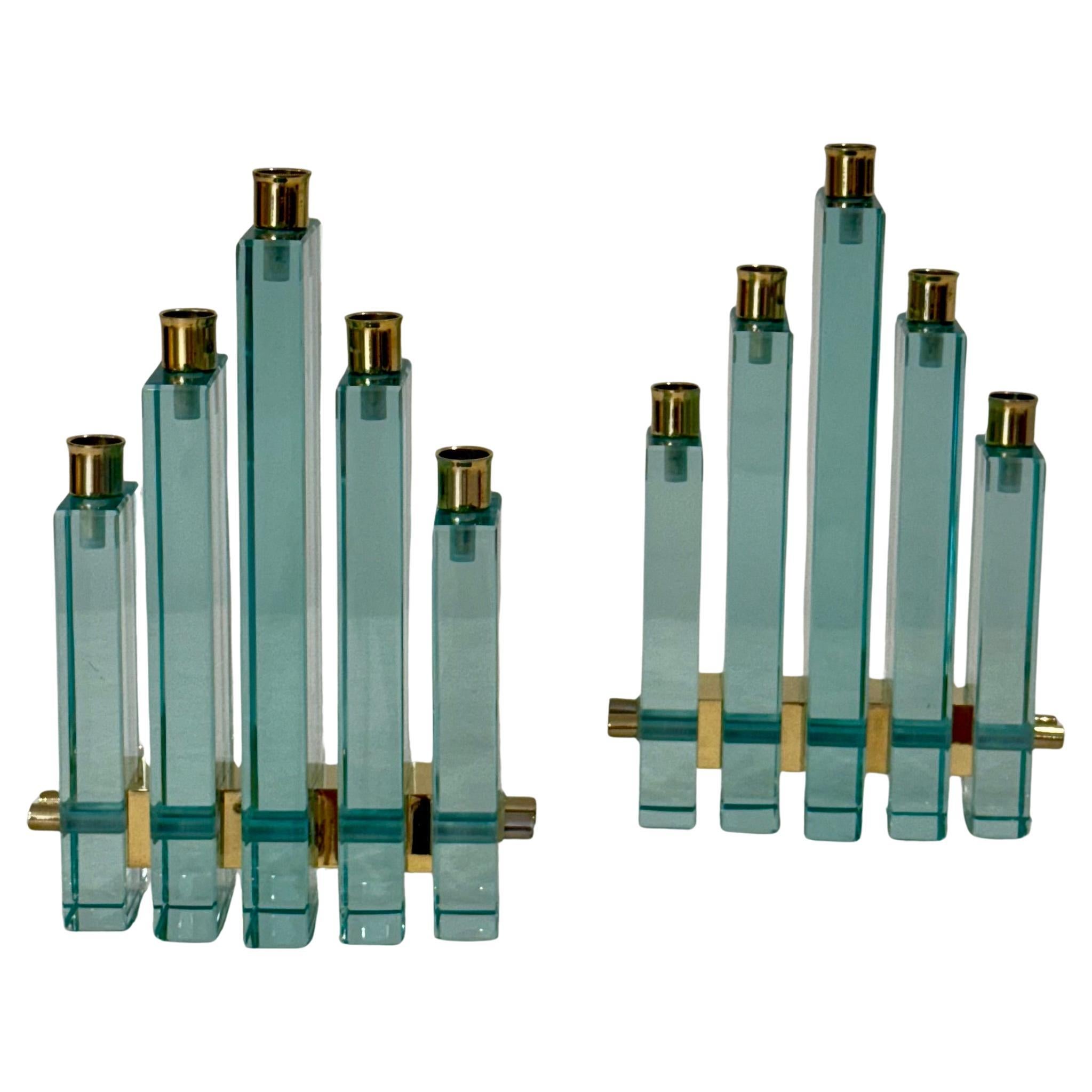 Pair of Sculptural Glass and Brass Candleholders by Fontana Arte, Italy, 1970s For Sale
