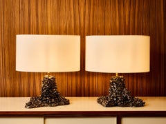 Pair of Sculptural Glazed Ceramic and Lava RockTable Lamps by Leo Nataf