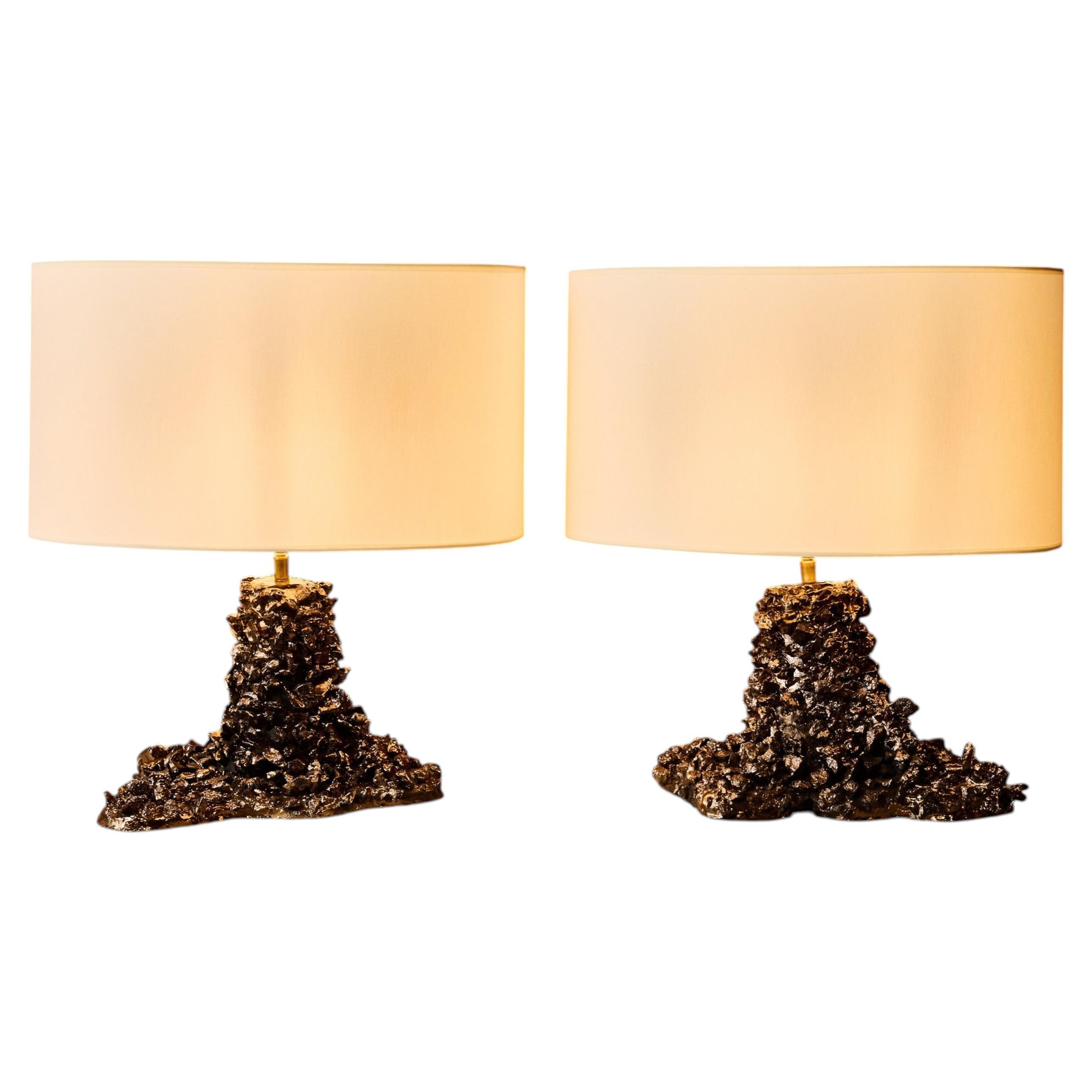 Pair of Sculptural Glazed Ceramic and Lava RockTable Lamps by Leo Nataf For Sale