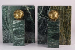 Pair of Sculptural Green Marble Bookends with Brass Golf Balls Accents