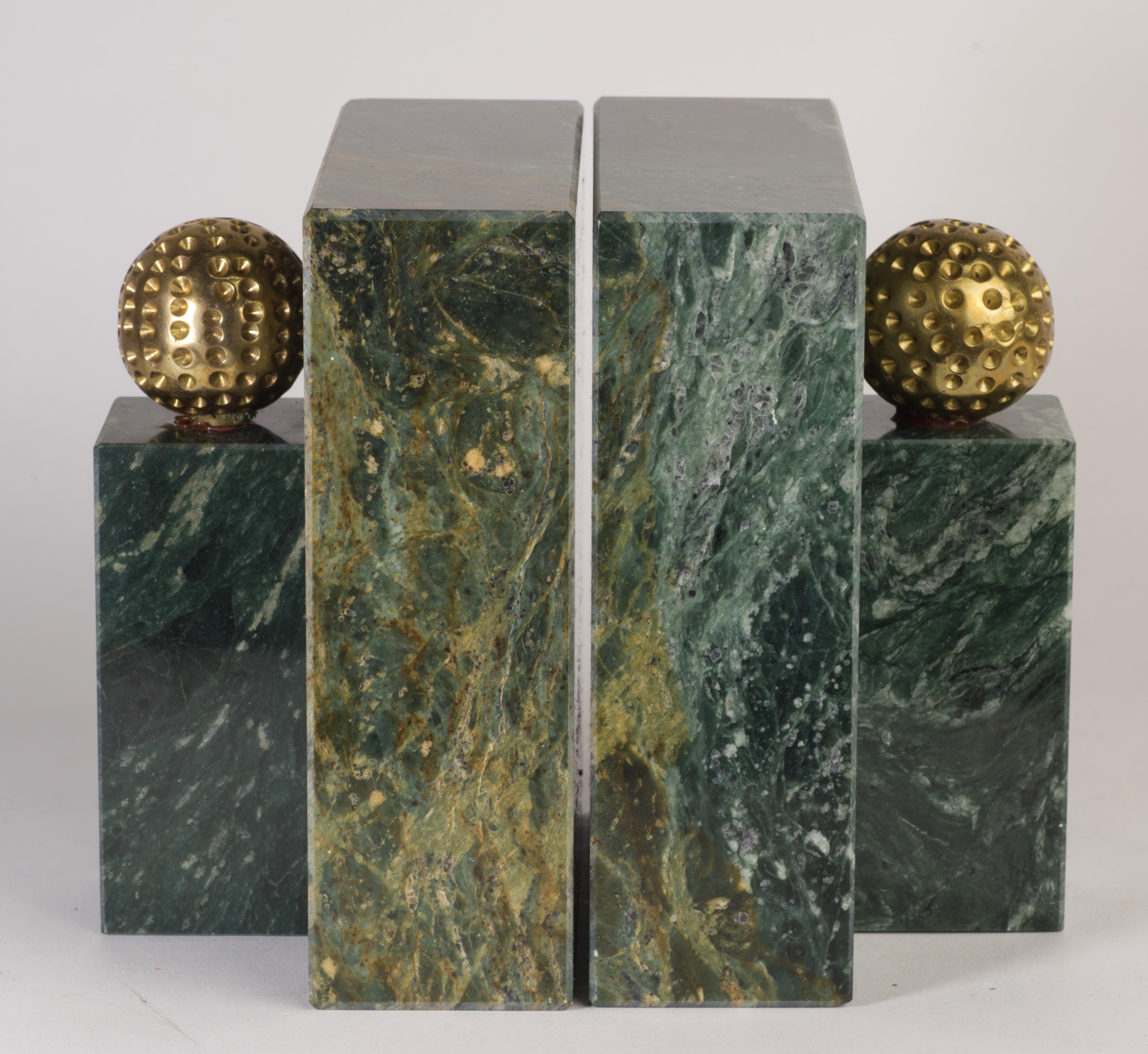 Art Deco Pair of Sculptural Green Marble Bookends with Brass Golf Balls Accents