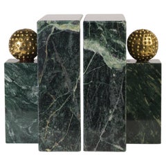 Pair of Sculptural Green Marble Bookends with Brass Golf Balls Accents
