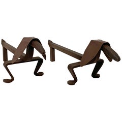 Antique Pair of Sculptural Hand Forged Dachshund Andirons, circa 1920s