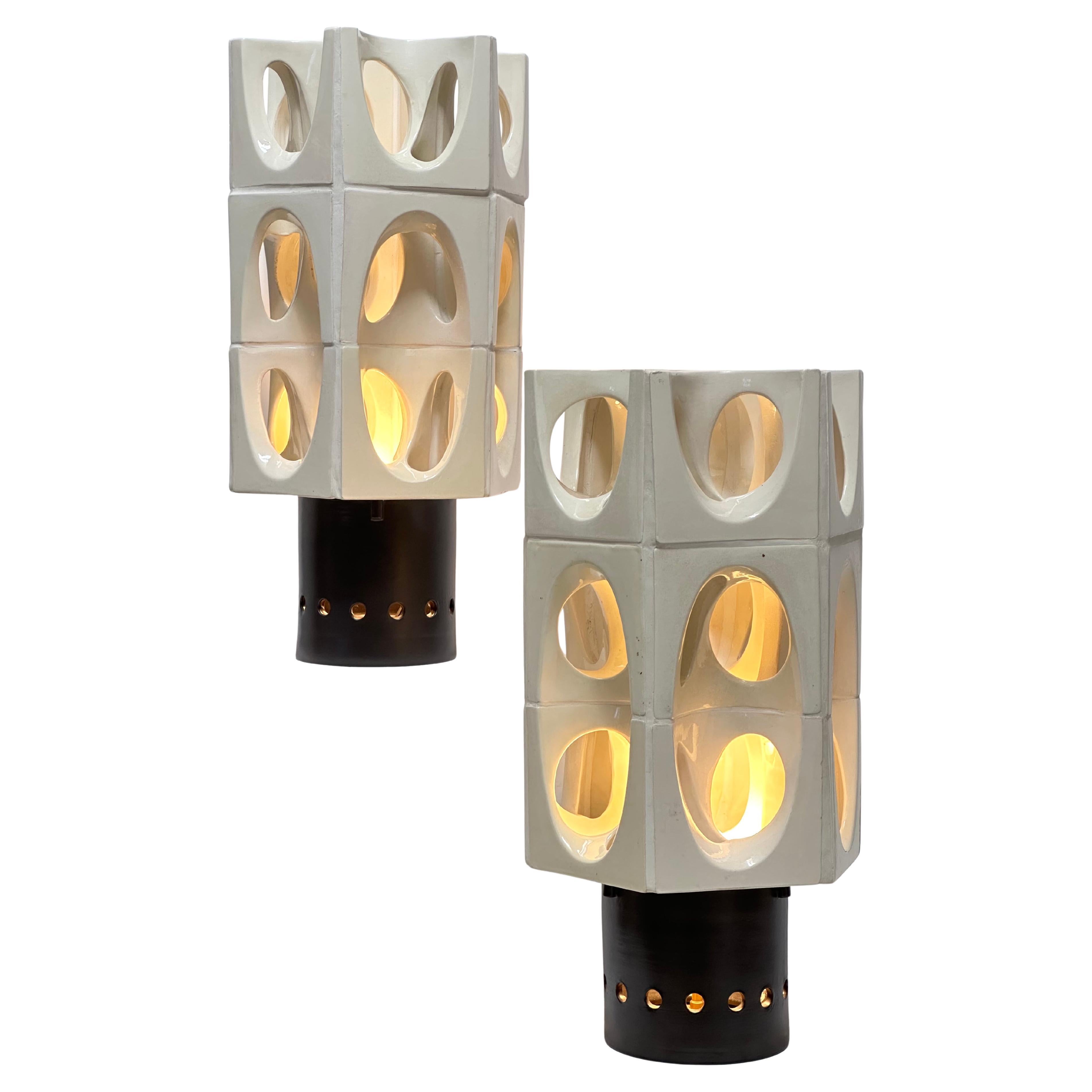Paire de lampes de table sculpturales hexagonales, Jean Derval, Vallauris 1968