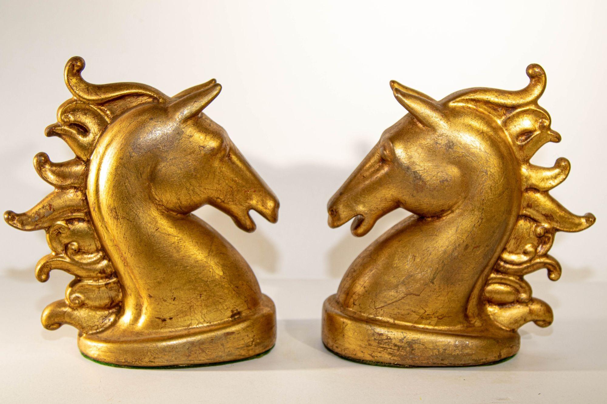 Pair of Sculptural Horse Head Gilt Bookends Art Deco 1950s Equestrian Decor 10
