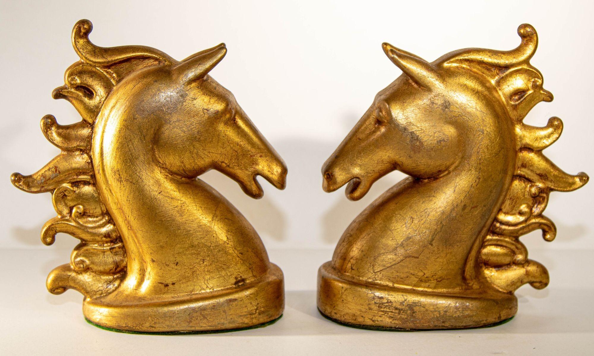 Pair of Sculptural Horse Head Gilt Bookends Art Deco 1950s Equestrian Decor 12
