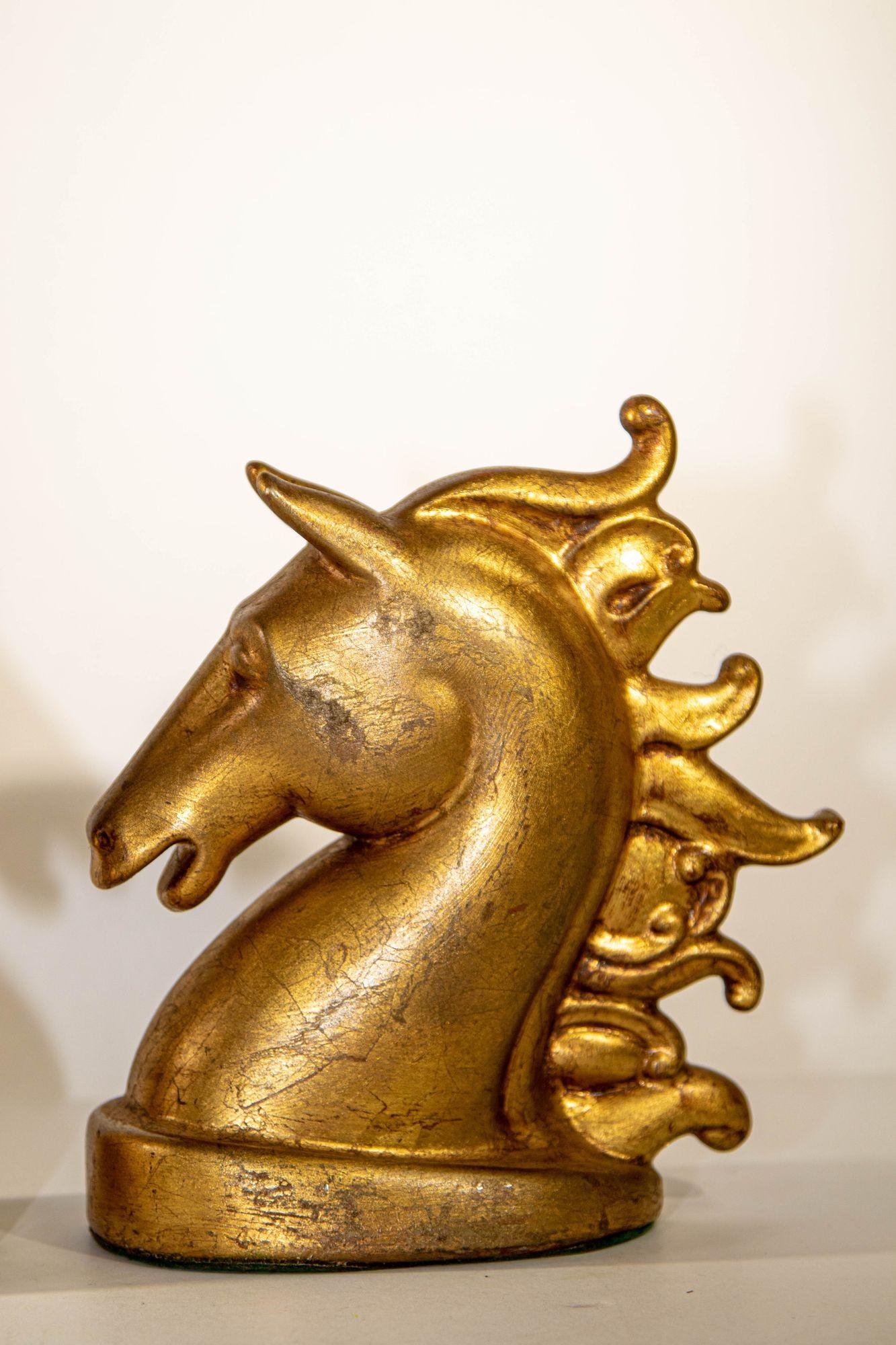20th Century Pair of Sculptural Horse Head Gilt Bookends Art Deco 1950s Equestrian Decor