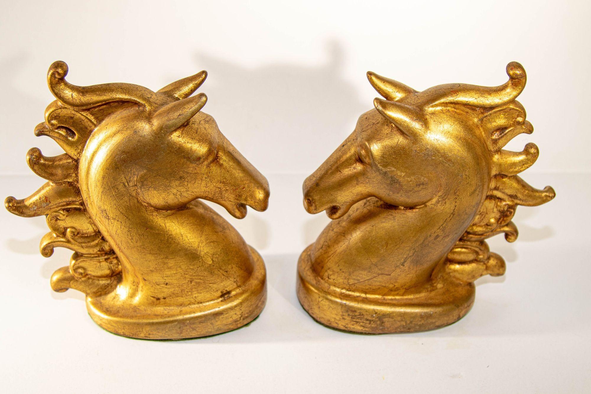 Pair of Sculptural Horse Head Gilt Bookends Art Deco 1950s Equestrian Decor 1
