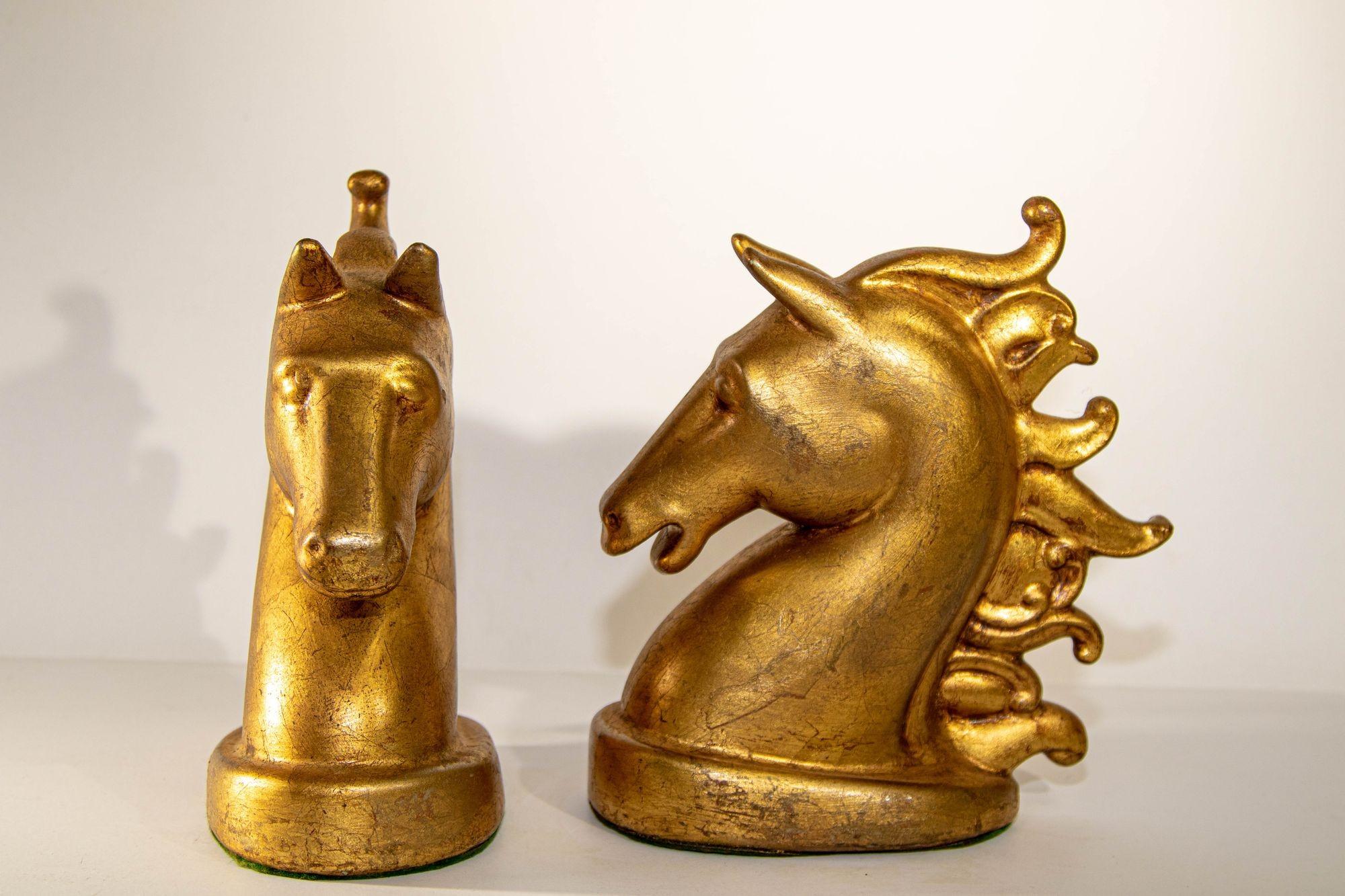 Pair of Sculptural Horse Head Gilt Bookends Art Deco 1950s Equestrian Decor 3