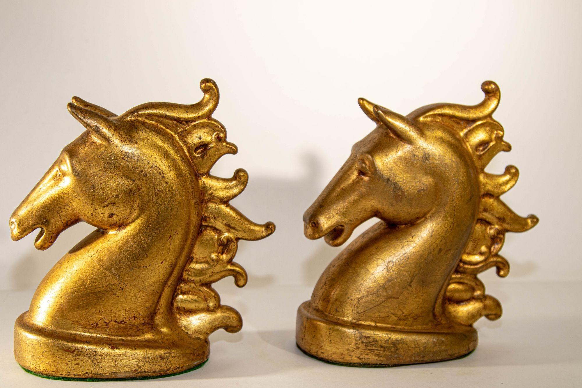 Pair of Sculptural Horse Head Gilt Bookends Art Deco 1950s Equestrian Decor 4