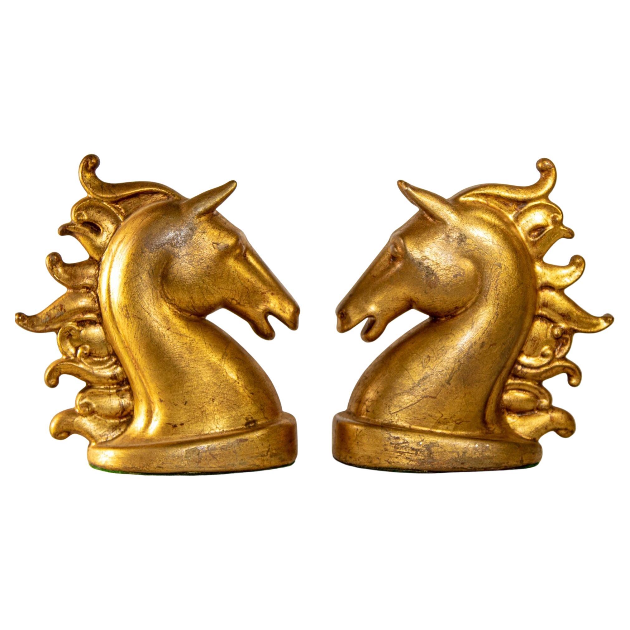 Pair of Sculptural Horse Head Gilt Bookends Art Deco 1950s Equestrian Decor