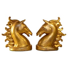 Vintage Pair of Sculptural Horse Head Gilt Bookends Art Deco 1950s Equestrian Decor