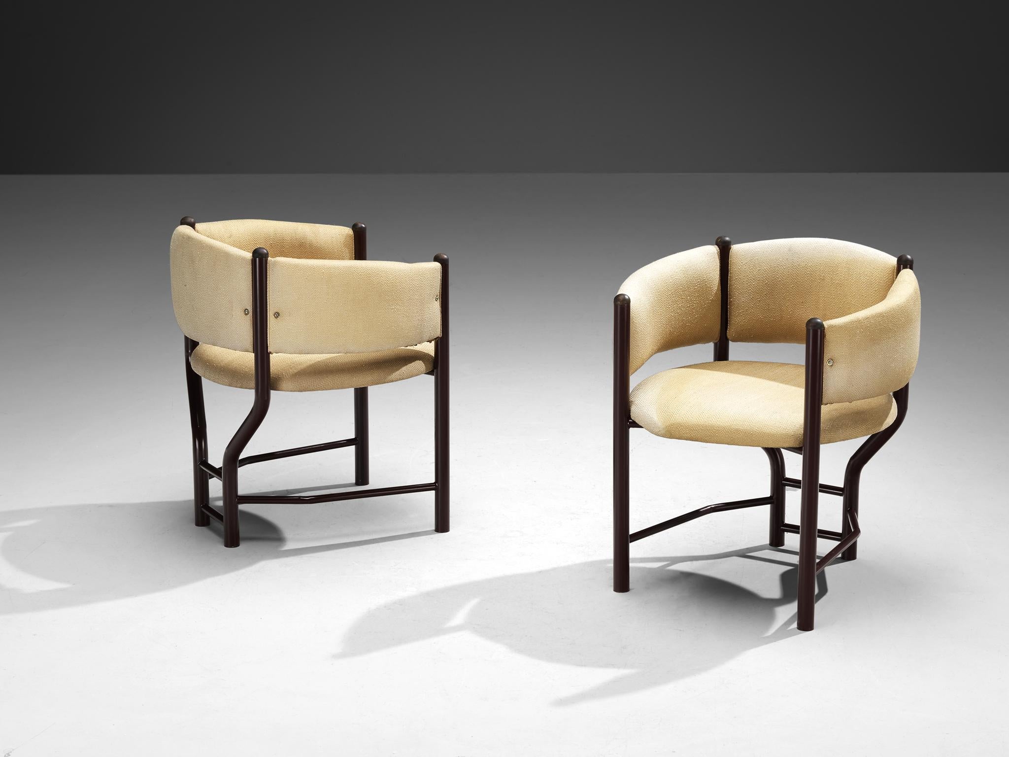 Steel Pair of Sculptural Italian Dining Chairs in Beige Upholstery