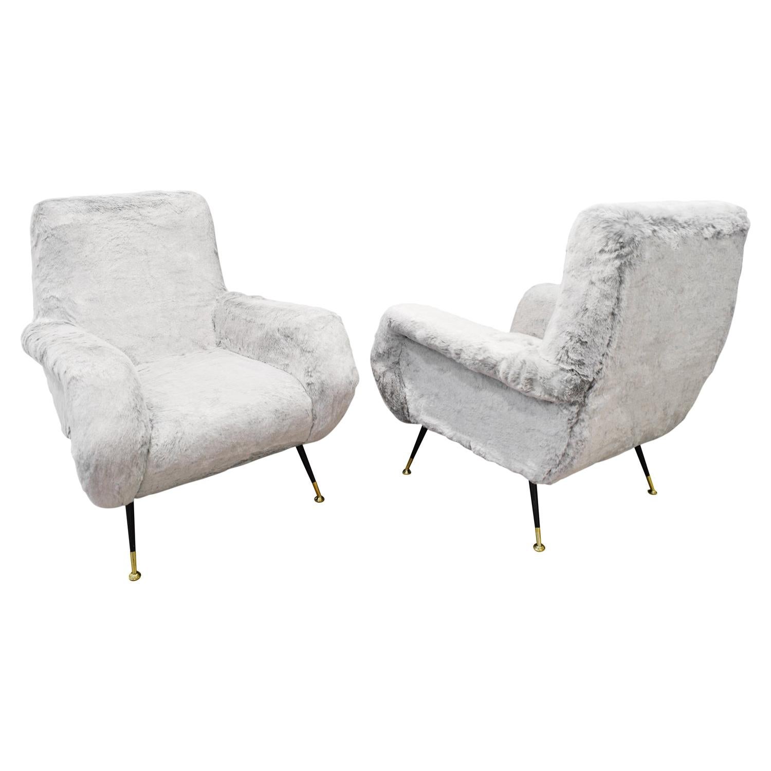 Pair of Sculptural Italian Lounge Chairs in Faux Fur, 1950s
