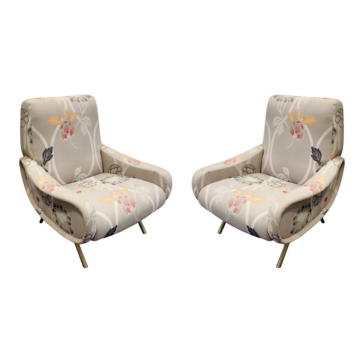 Pair of Sculptural Italian Lounge Chairs with Brass Legs, 1950s
