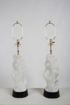 Pair of Sculptural Italian MCM Maurizio Tempestini White Alabaster "FLAME" Lamps