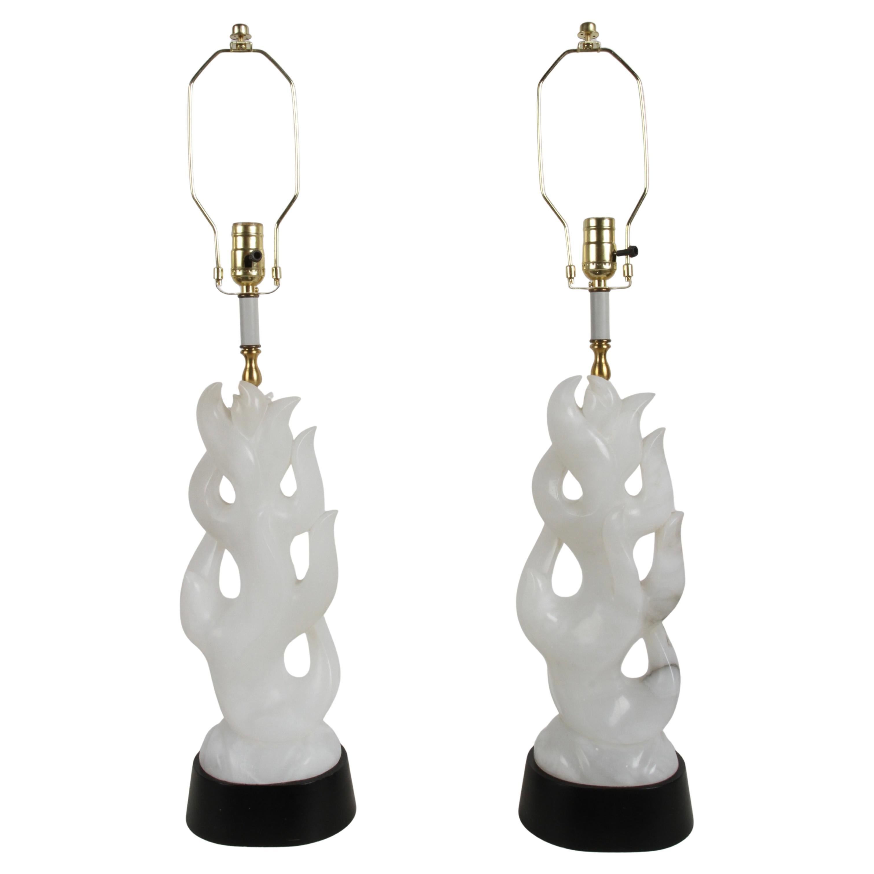 Pair of Sculptural Italian MCM Maurizio Tempestini White Alabaster "FLAME" Lamps