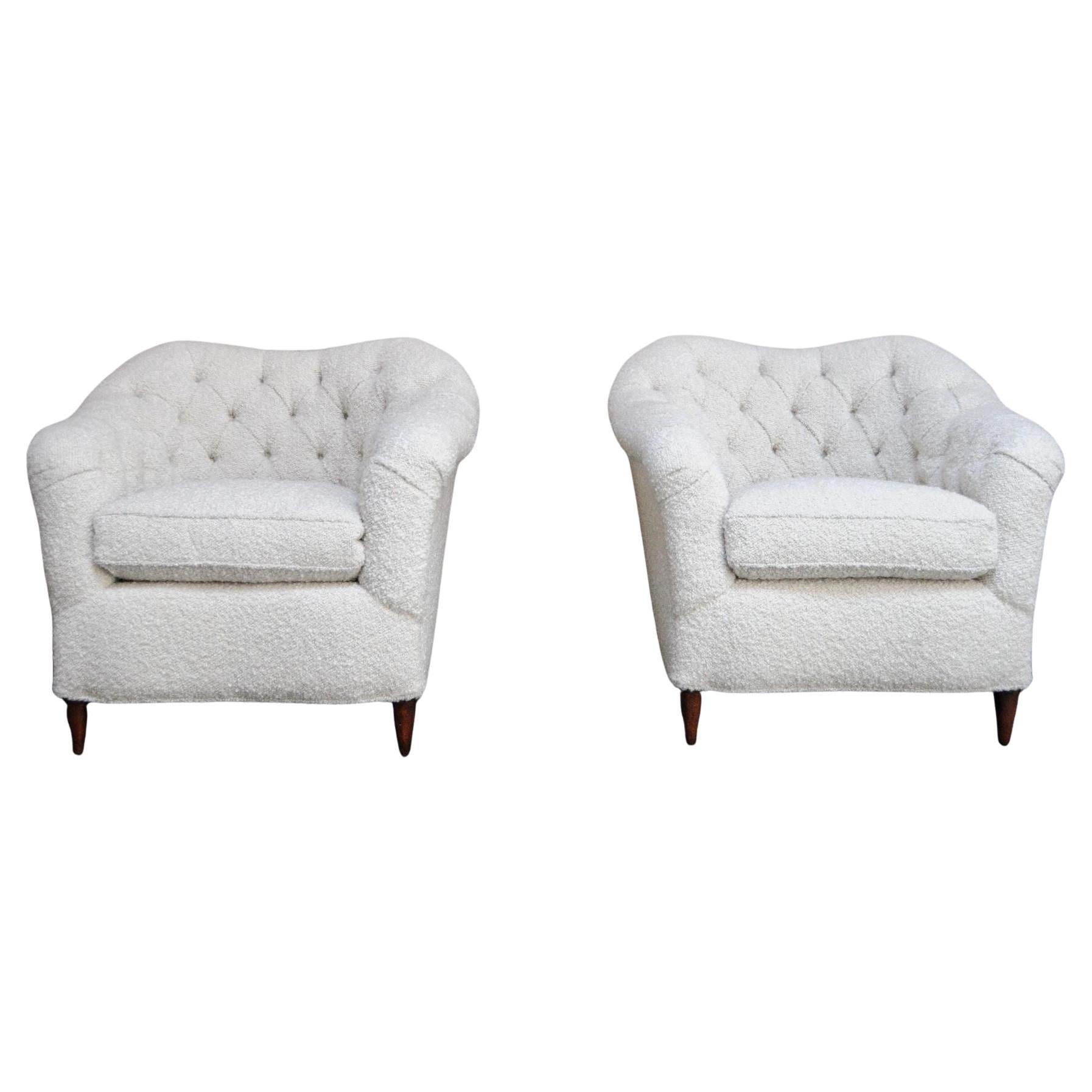 Pair of Sculptural Italian Modern Bouclé and Walnut Lounge Chairs