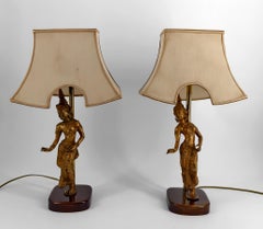 Pair of Sculptural Lamps in Gilded Bronze Representing Dancers, Thailand, 20th