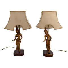Pair of Sculptural Lamps in Gilded Bronze Representing Dancers, Thailand, 20th