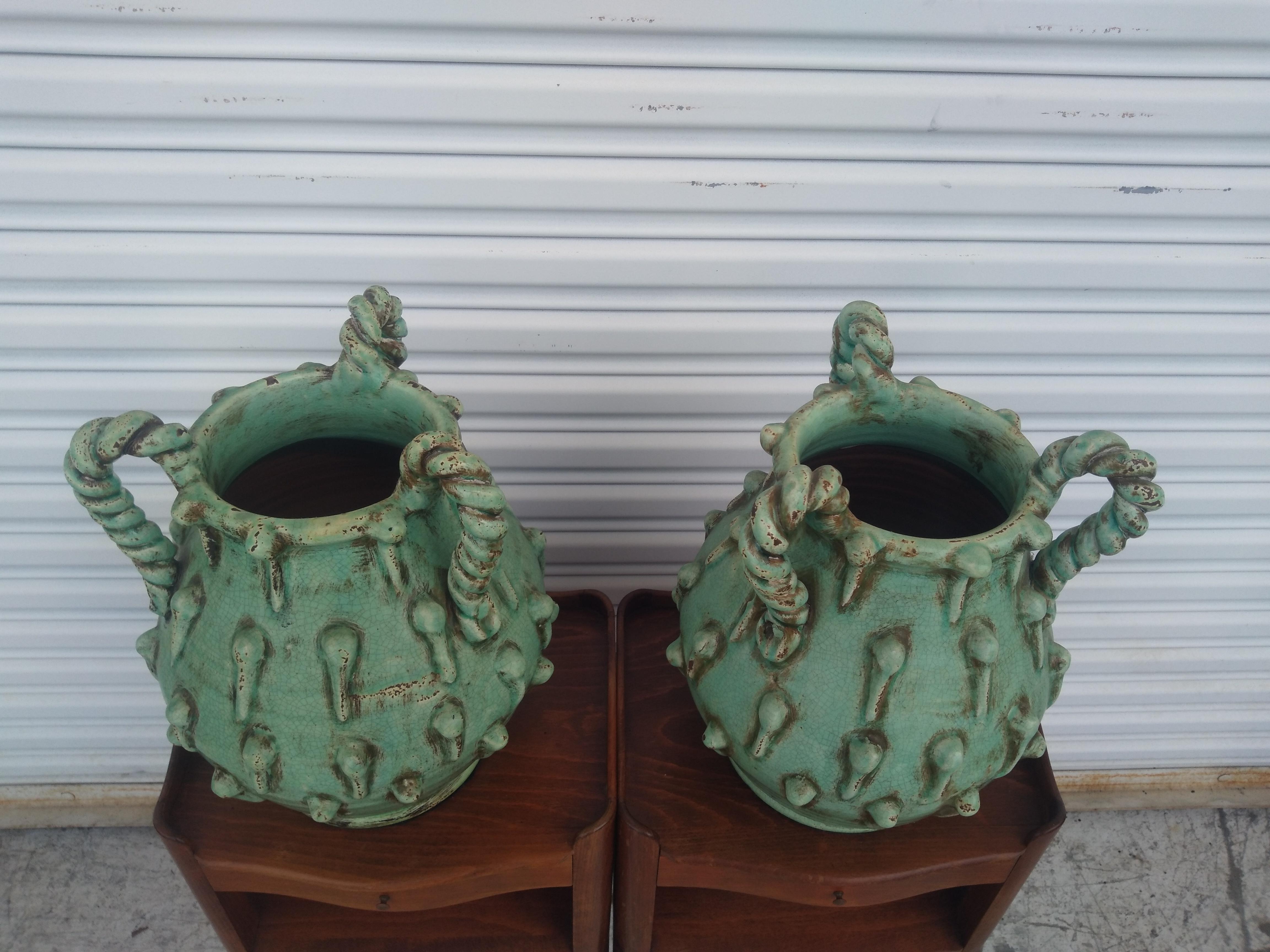 Pair of Sculptural Lime Green Vases In Good Condition In Pasadena, TX