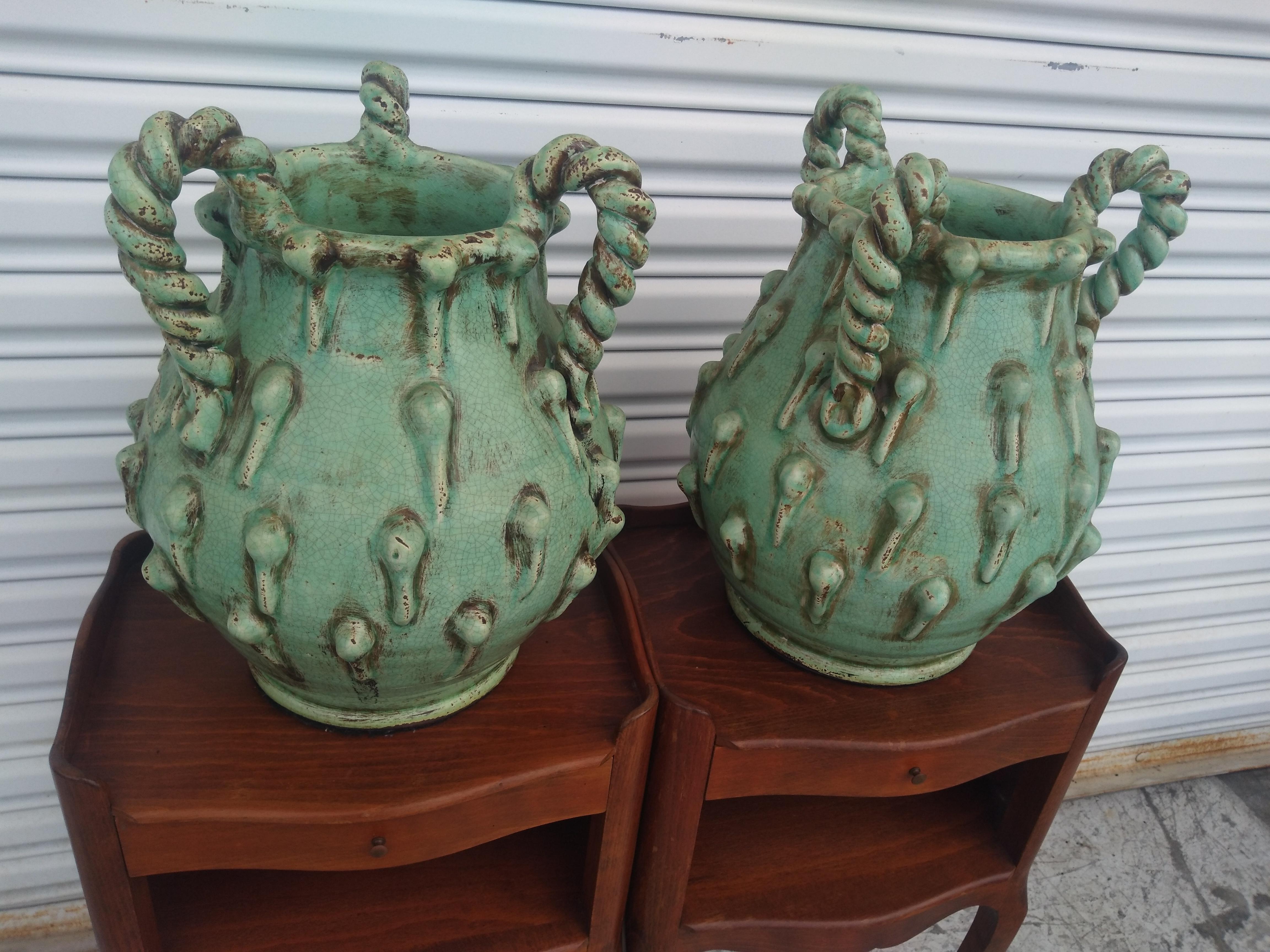 20th Century Pair of Sculptural Lime Green Vases
