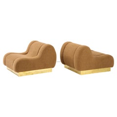 Pair of Sculptural Lounge Chairs in Camel Bouclé with Brass Plinth, Italy, 2023