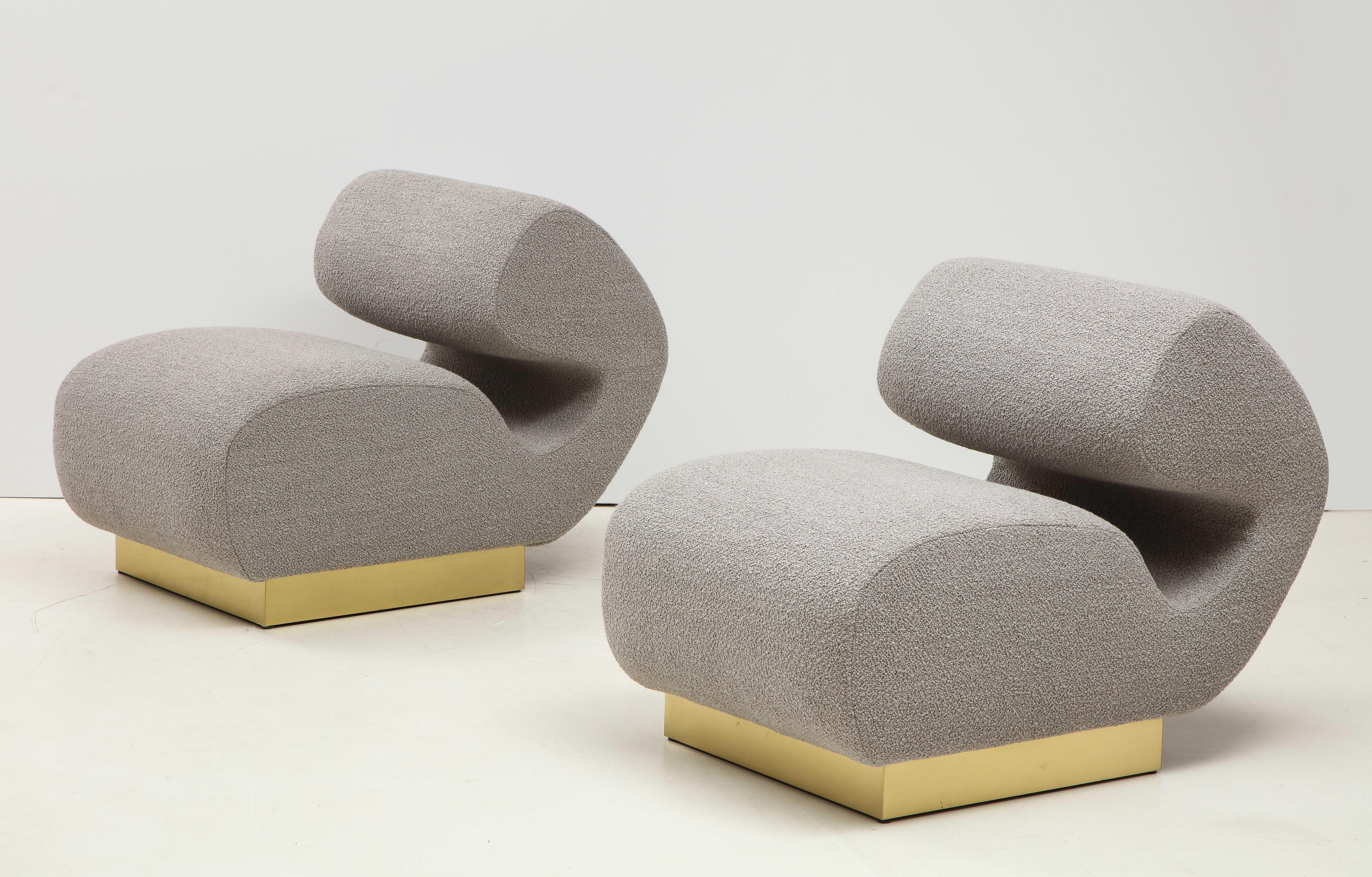 Italian Pair of Sculptural Lounge Chairs in Grey Bouclé Fabric and Brass Base, Italy