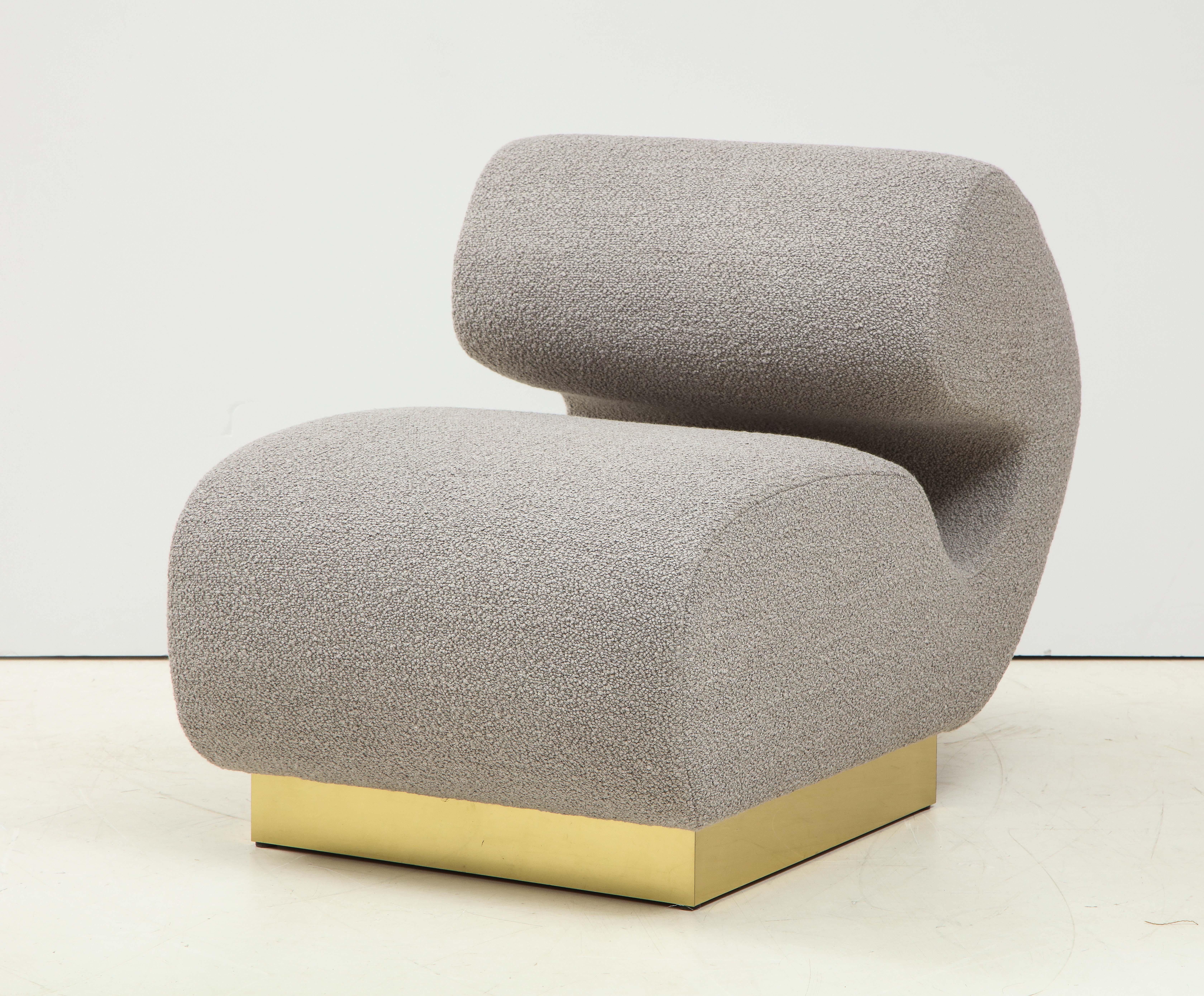 Pair of Sculptural Lounge Chairs in Grey Bouclé Fabric and Brass Base, Italy 1