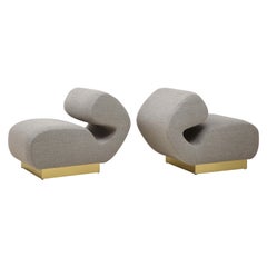 Pair of Sculptural Lounge Chairs in Grey Bouclé Fabric and Brass Base, Italy