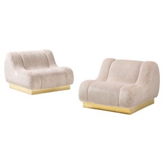 Pair of Sculptural Lounge Chairs in High Pile Beige Velvet Brass Plinth, Italy
