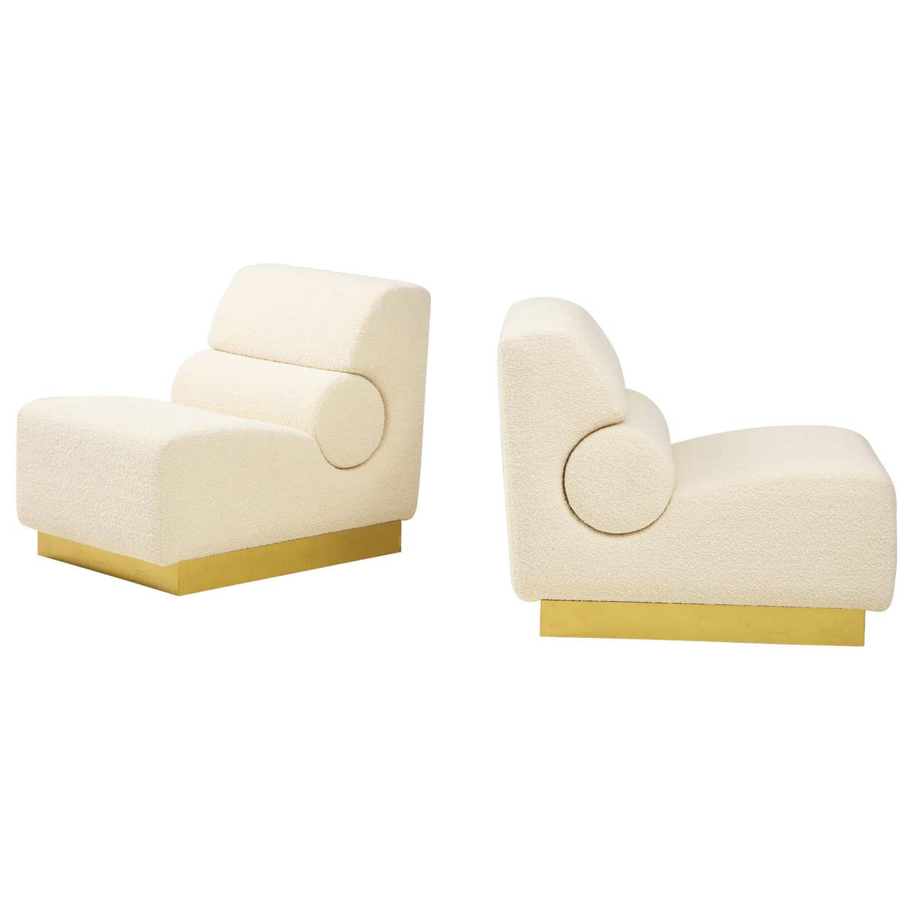Pair of Sculptural Lounge Chairs in Ivory Boucle and Brass Base, Italy ...