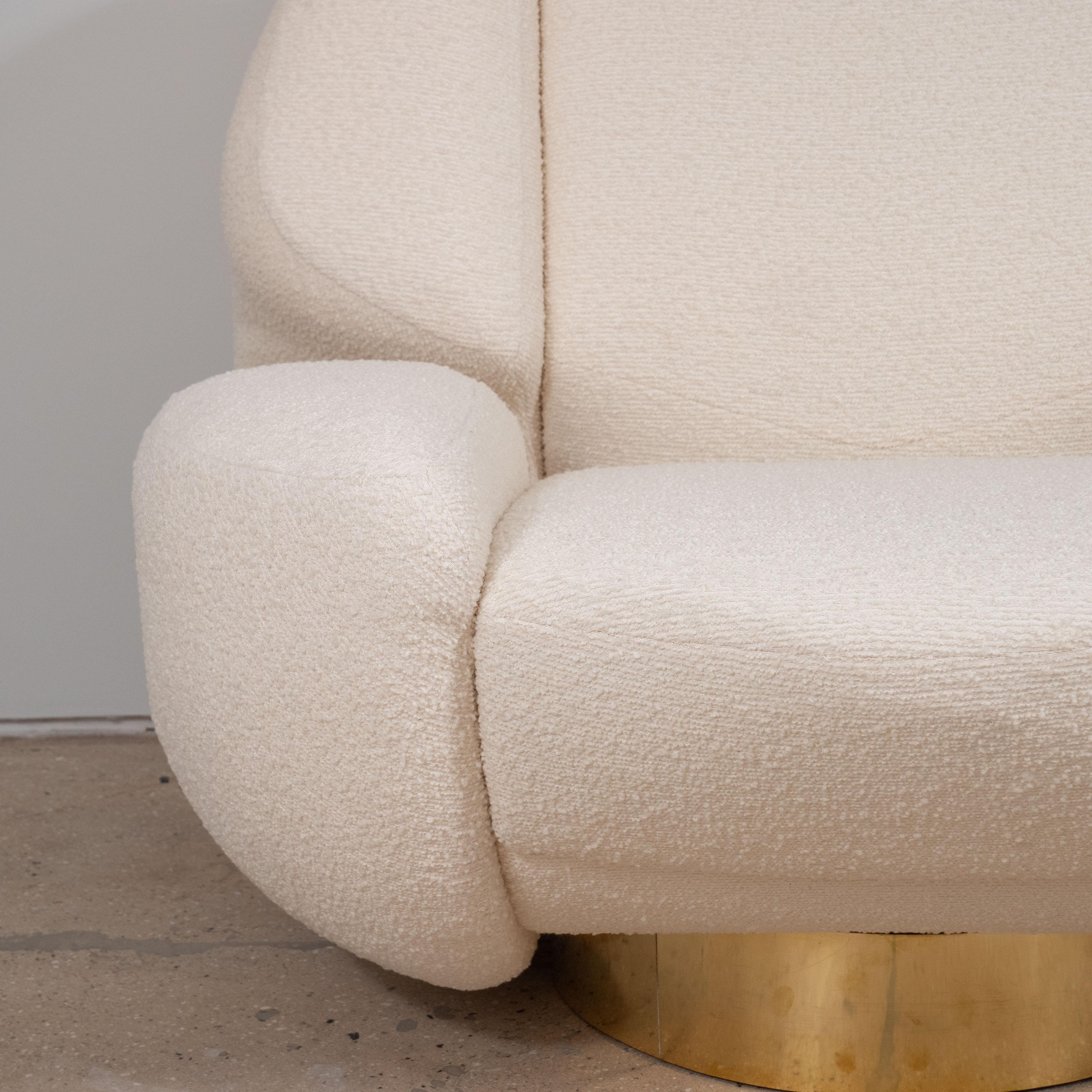 Hand-Crafted Pair of Custom Sculptural Lounge Chairs in Ivory Boucle and Brass Base, Italy